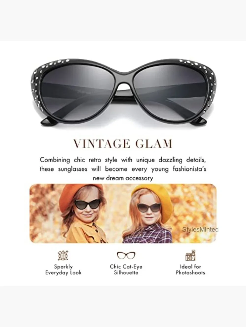 Retro Cat Eye Rhinestone Sunglasses for Girls Age 6-14